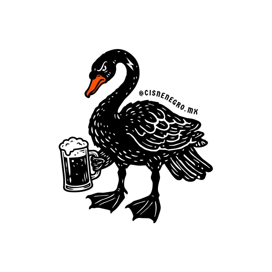 Mascota de Cisne Negro: un cisne negro estilo tatuaje con pico naranja que sostiene un tarro de cerveza
